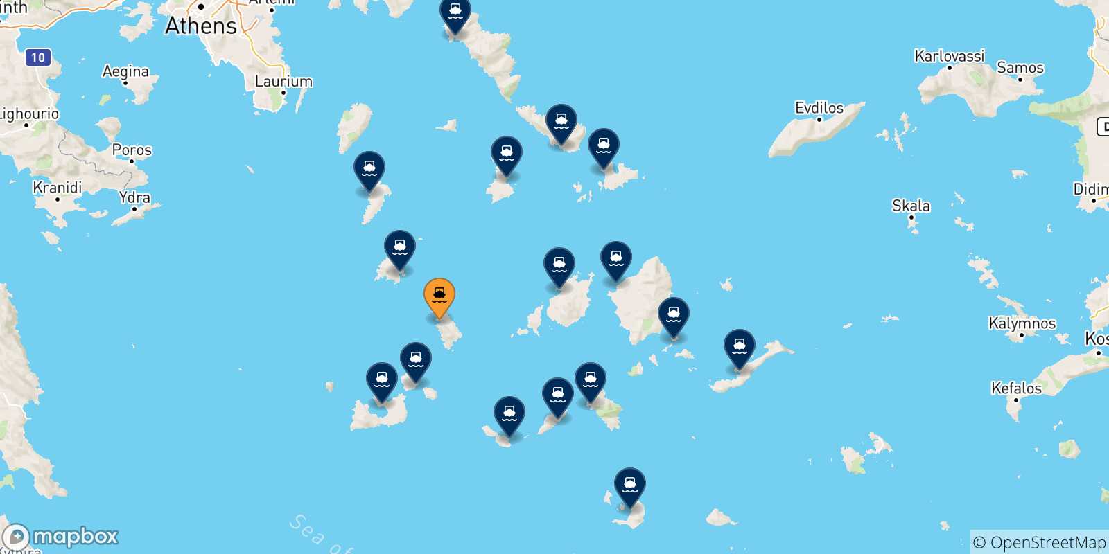 Mappa delle possibili rotte tra Sifnos e le Isole Cicladi