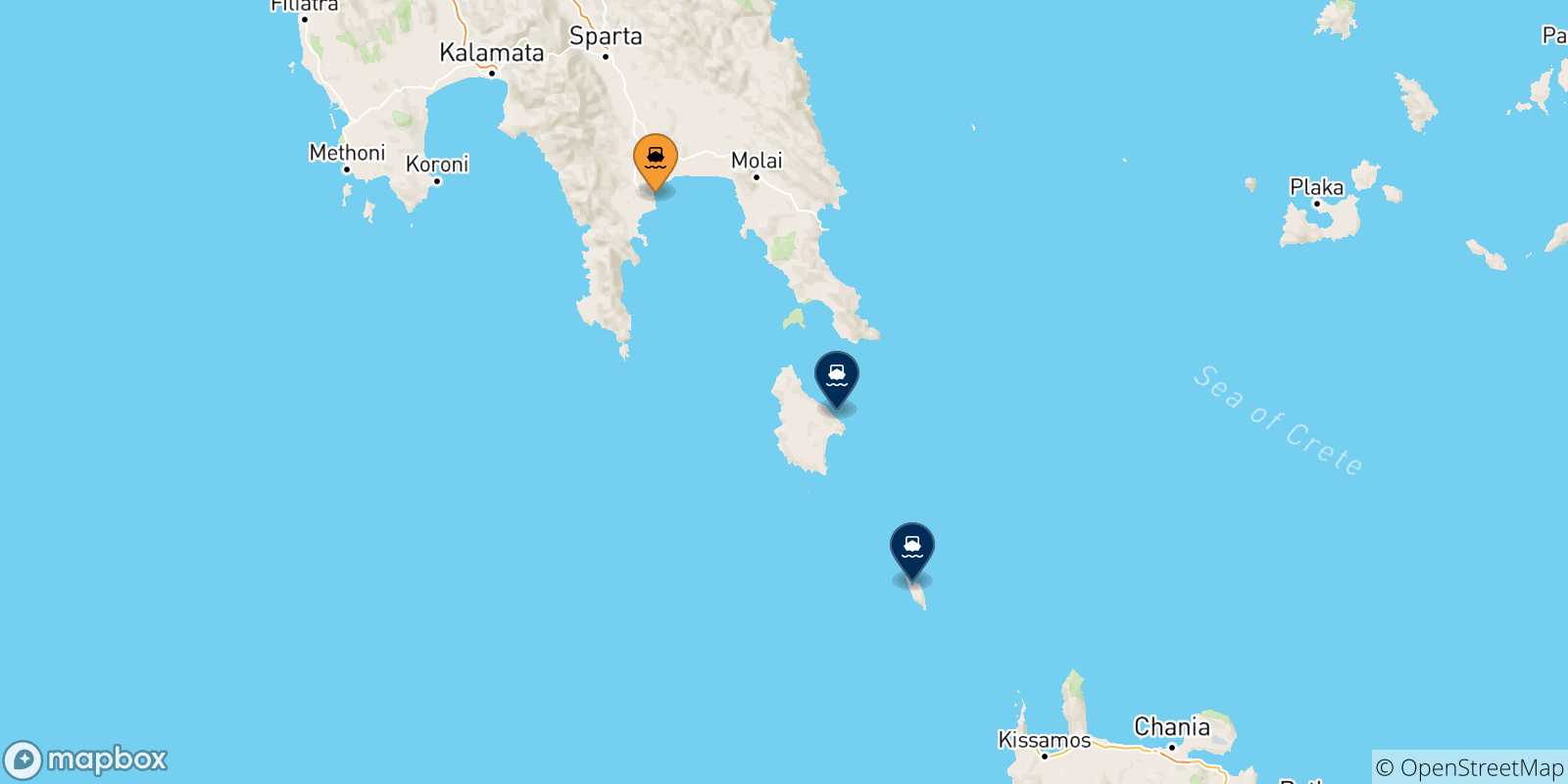 Mappa delle possibili rotte tra Gythio e le Isole Ionie