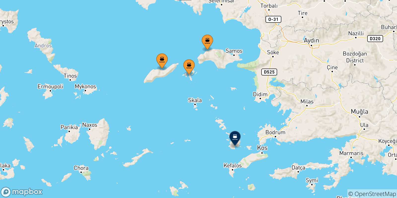 Mappa delle possibili rotte tra le Isole Egeo Nord Orientale e Kalymnos