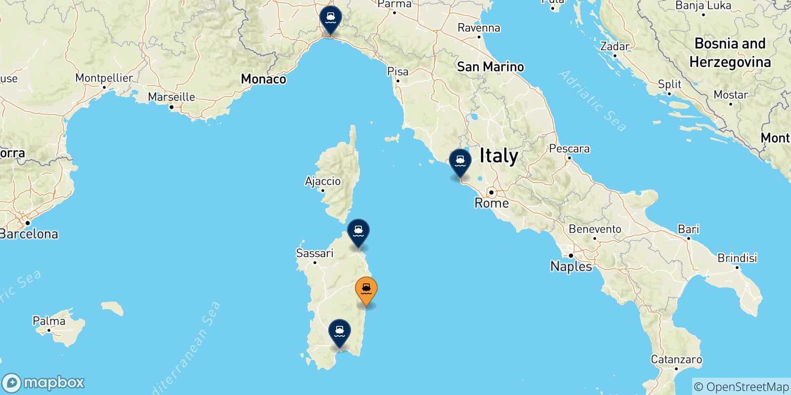Mappa delle possibili rotte tra Arbatax e l'Italia