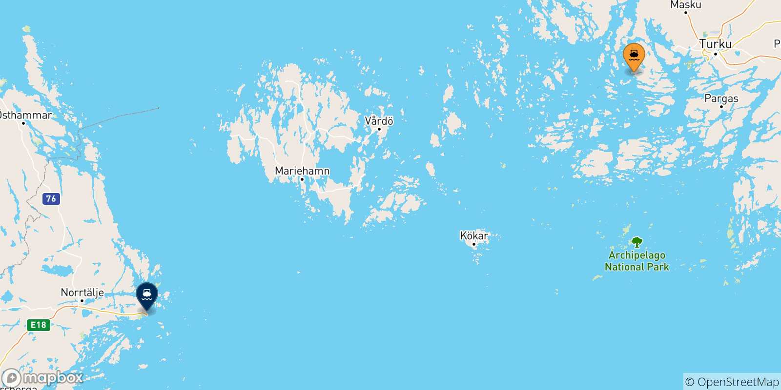 Mappa delle possibili rotte tra Naantali e la Svezia