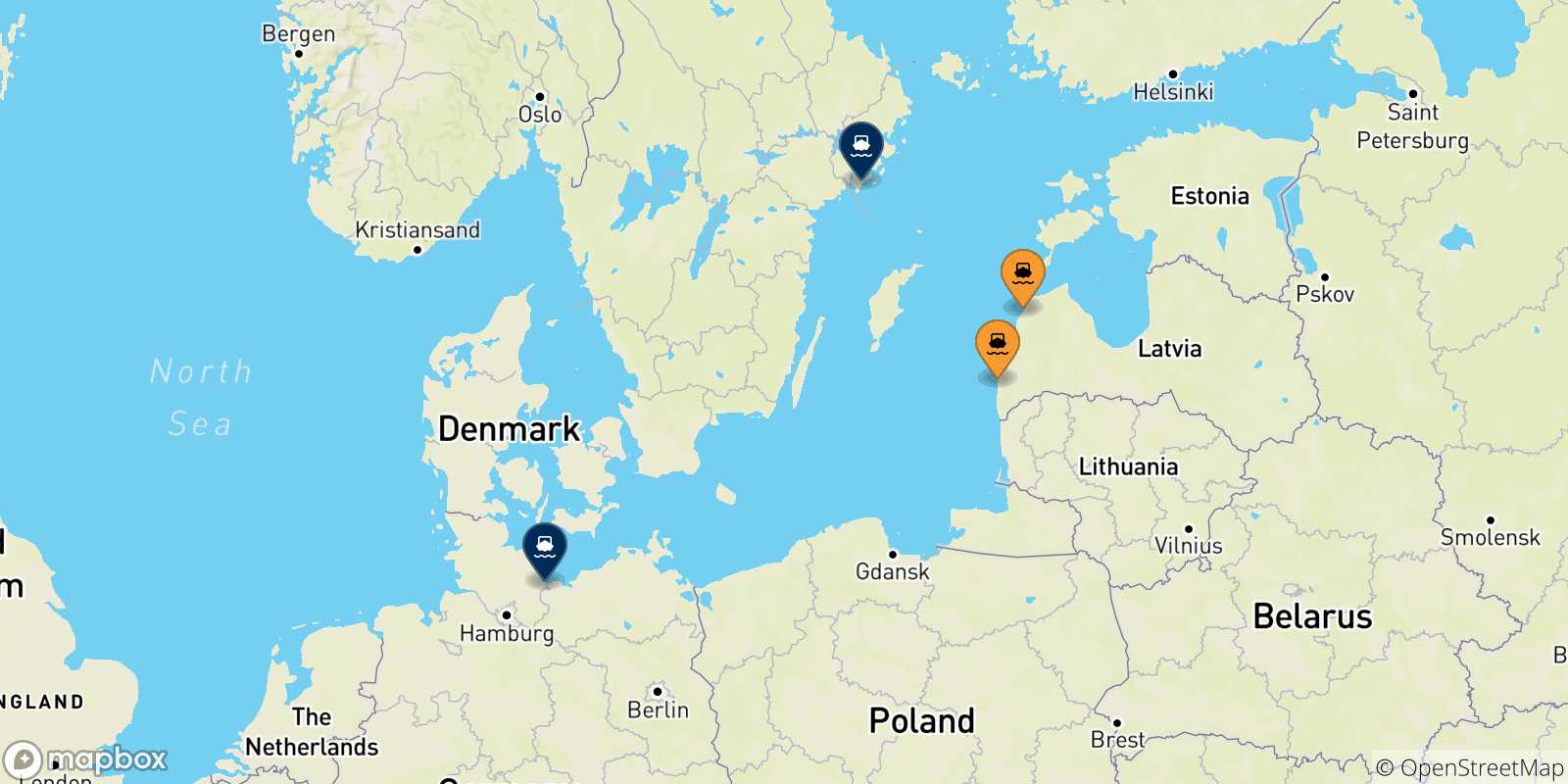 Mappa delle destinazioni raggiungibili dalla Lettonia
