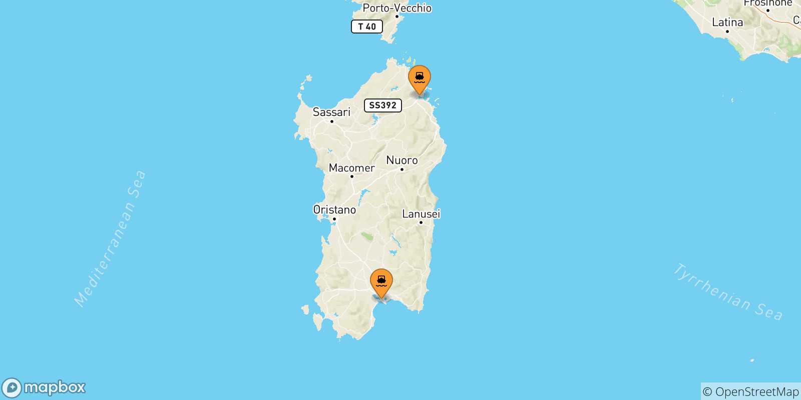 Mappa delle possibili rotte tra la Sardegna e Arbatax