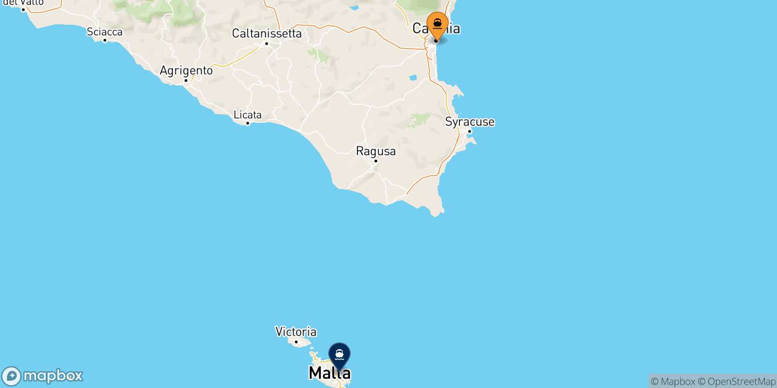 Mappa delle destinazioni raggiungibili da Catania