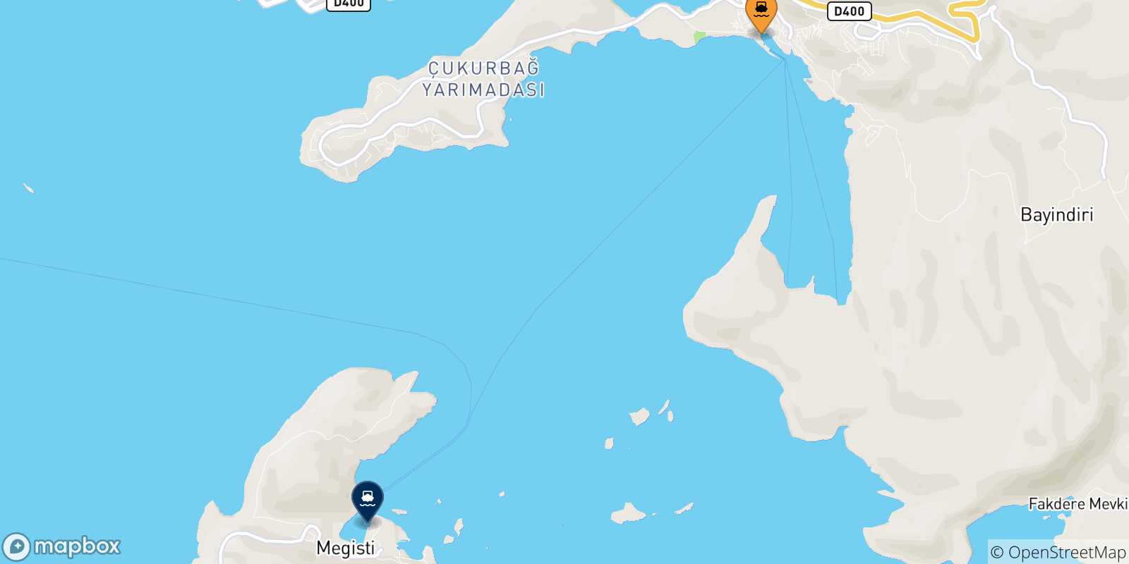Mappa delle possibili rotte tra Kas e le Isole Dodecaneso