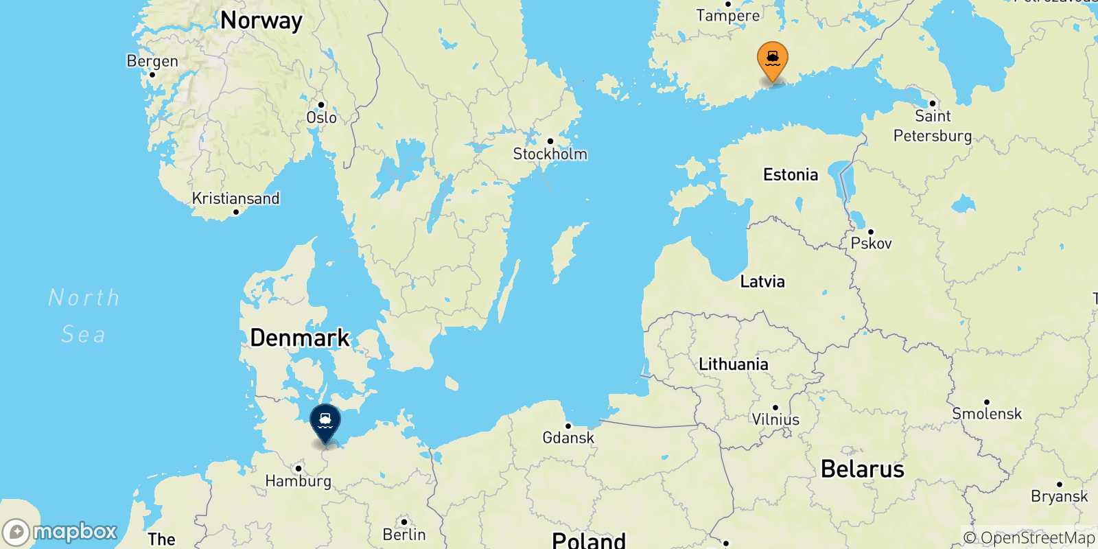 Mappa delle possibili rotte tra Helsinki e la Germania