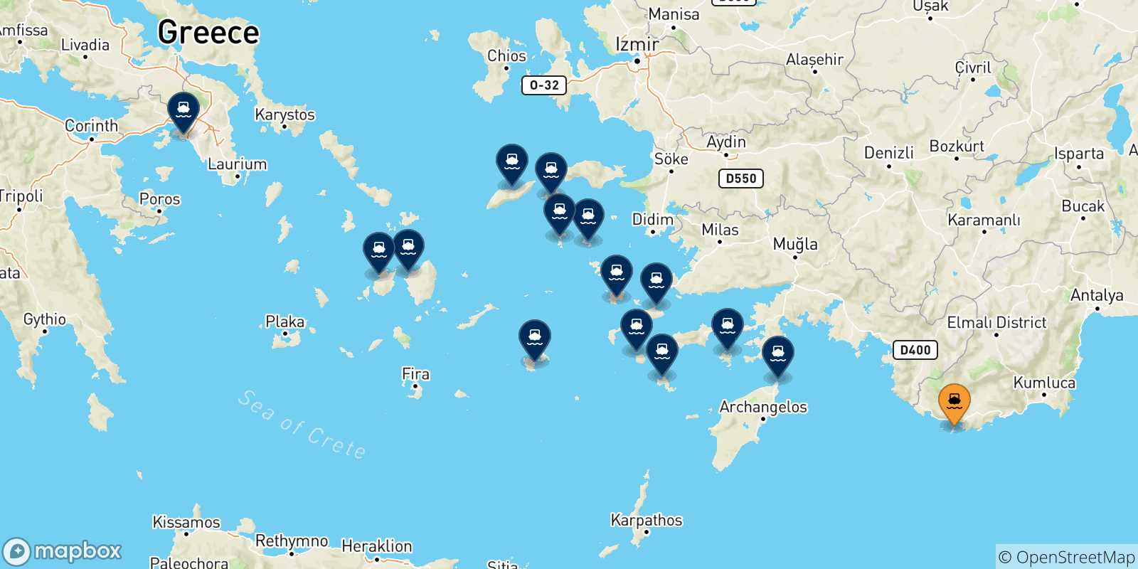 Mappa delle possibili rotte tra Kastellorizo e la Grecia