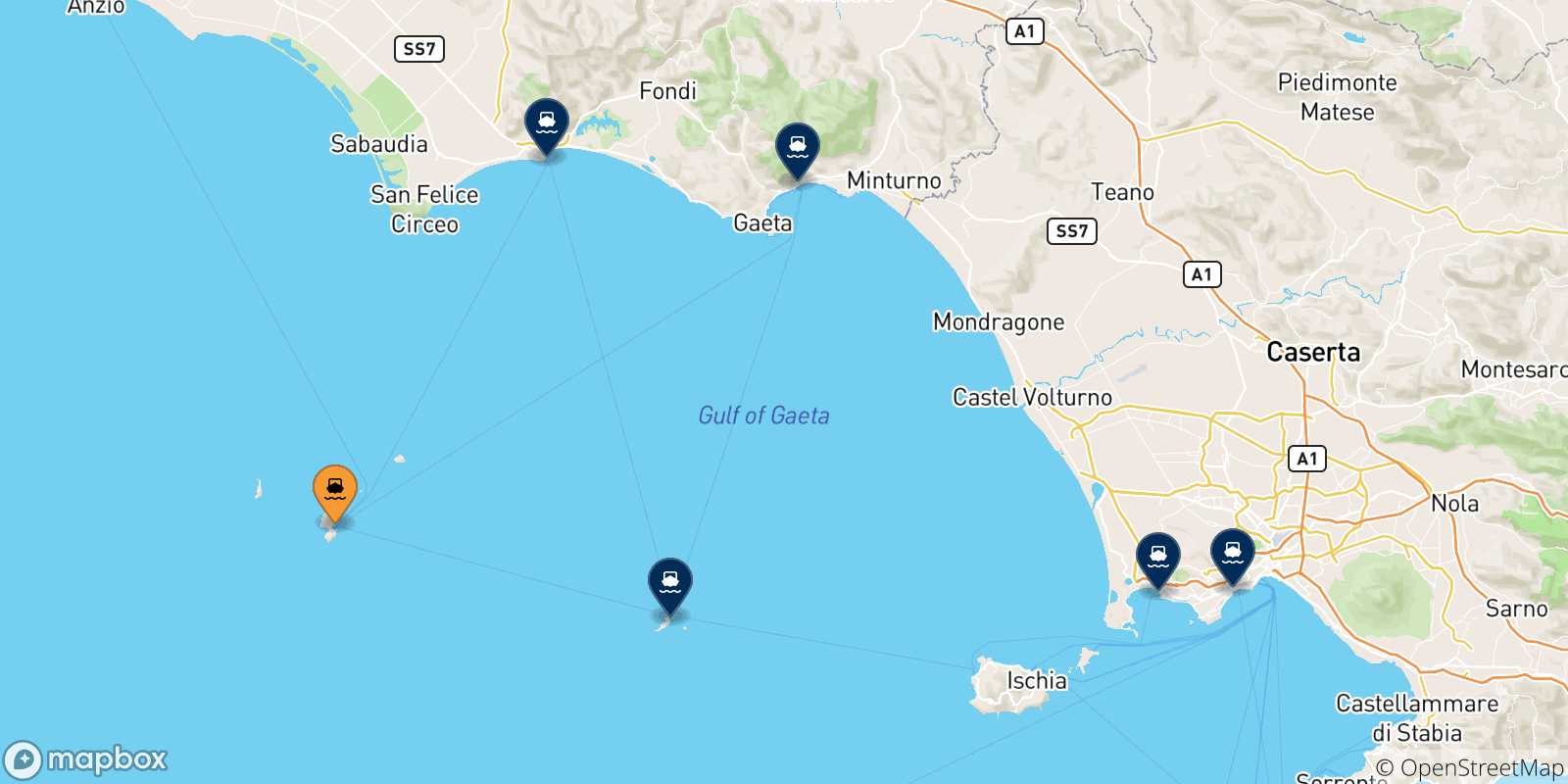 Mappa delle possibili rotte tra Ponza e l'Italia