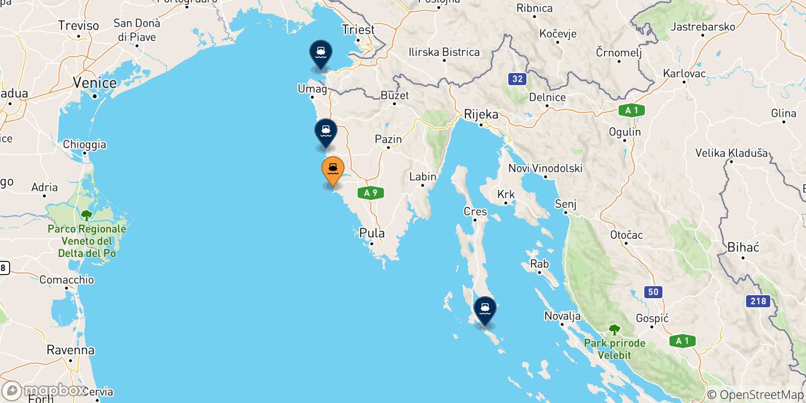 Mappa delle possibili rotte tra Rovigno e la Croazia