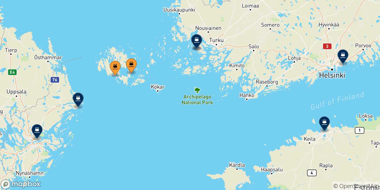 Mappa delle destinazioni raggiungibili dalle Isole Aland