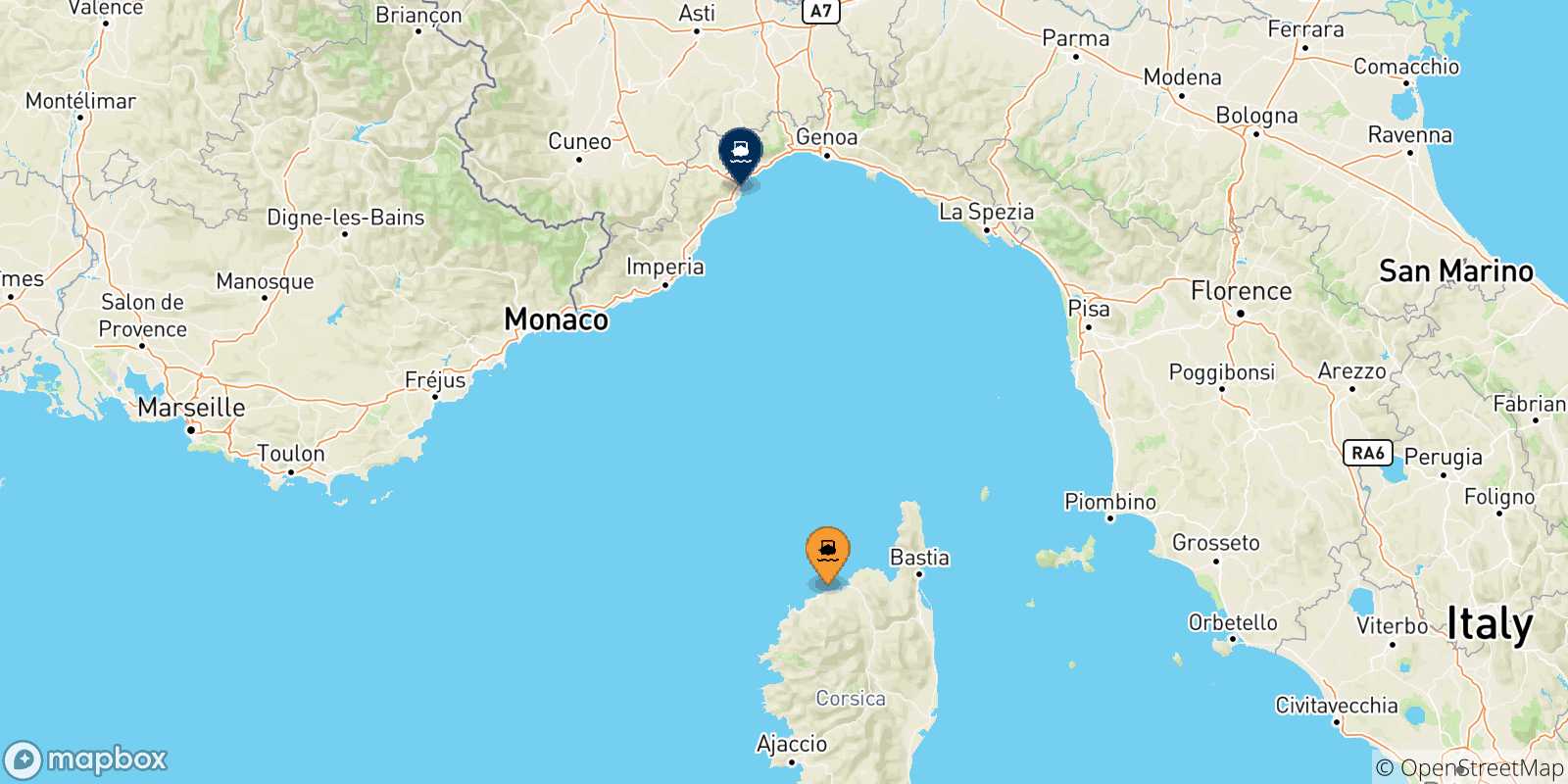 Mappa delle possibili rotte tra Calvi e l'Italia