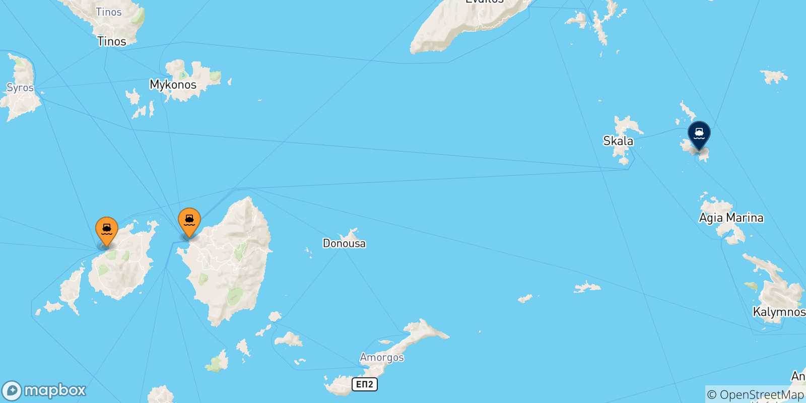 Mappa delle possibili rotte tra le Isole Cicladi e Lipsi
