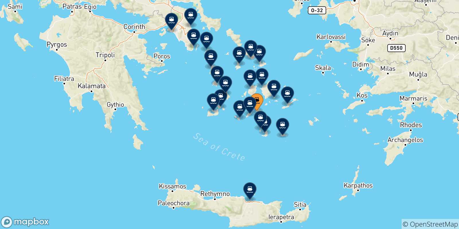Mappa delle possibili rotte tra Ios e la Grecia