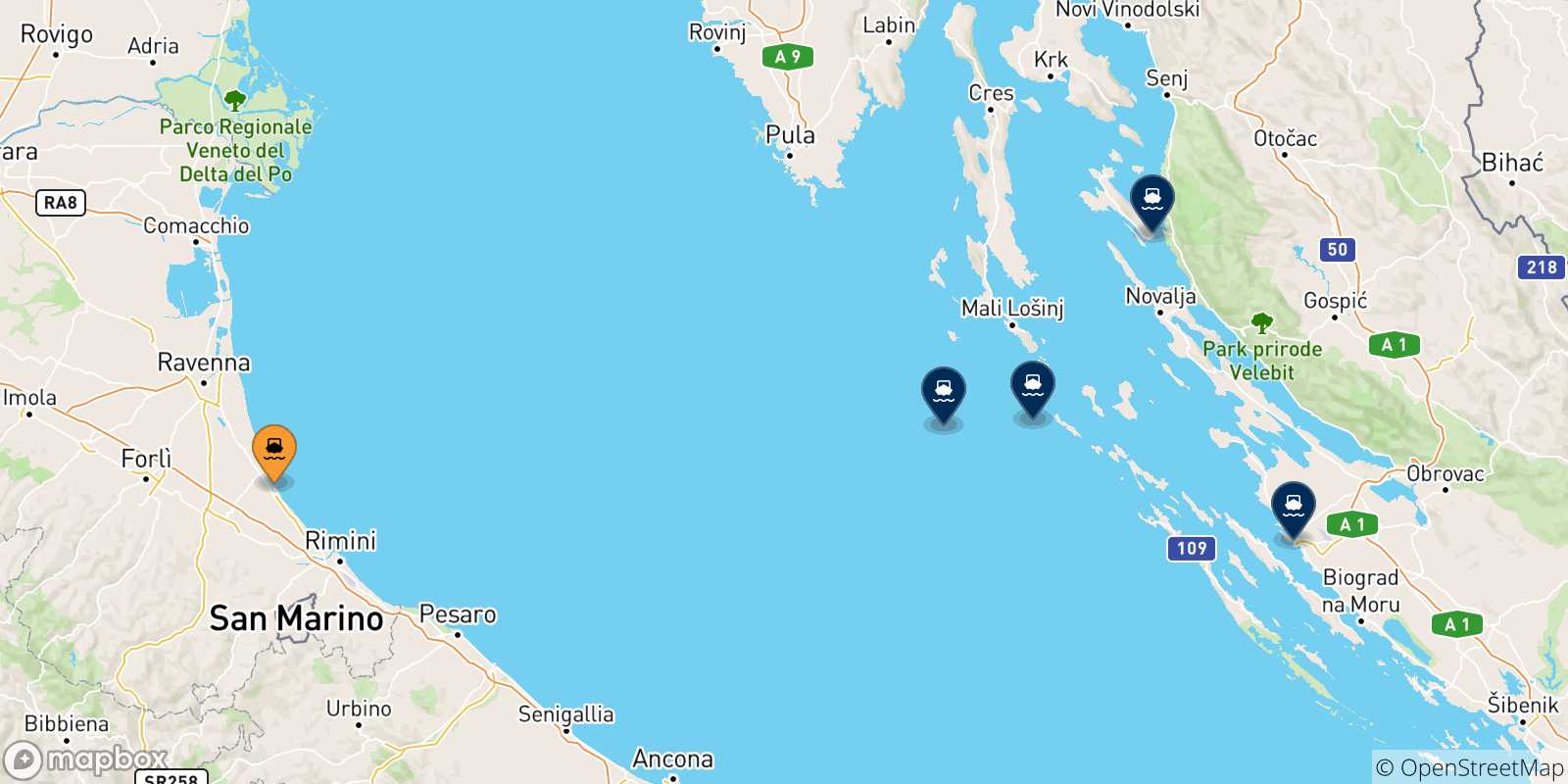 Mappa delle possibili rotte tra Cesenatico e la Croazia