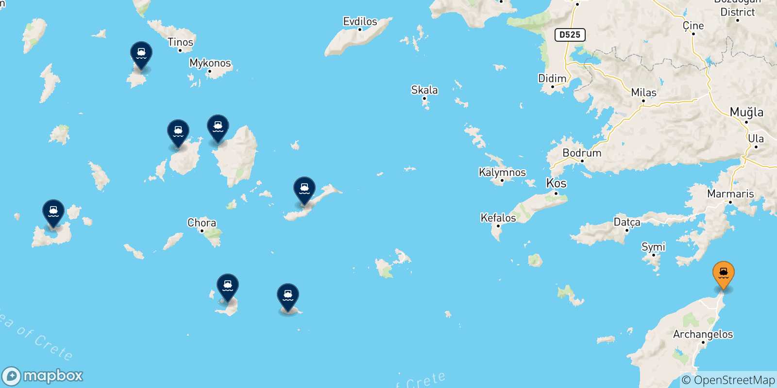 Mappa delle possibili rotte tra Rodi e le Isole Cicladi