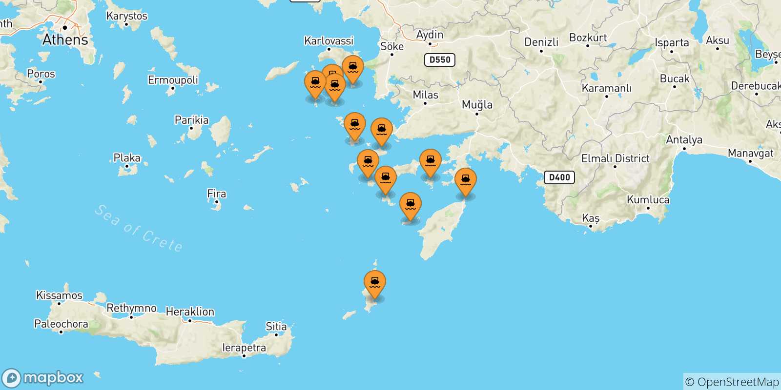 Mappa delle possibili rotte tra le Isole Dodecaneso e Leros
