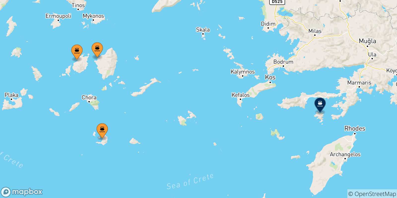 Mappa delle possibili rotte tra le Isole Cicladi e Symi