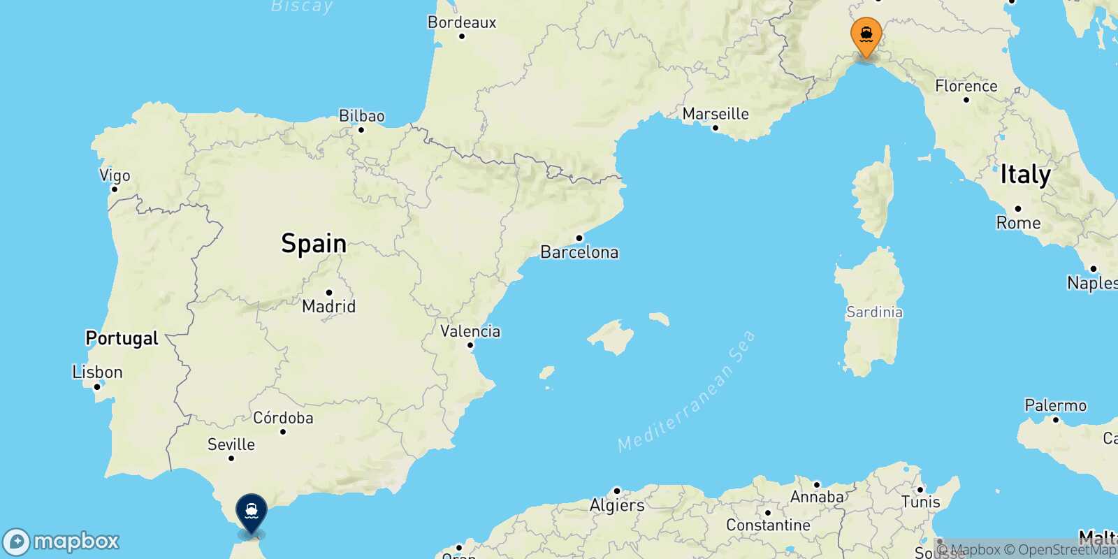 Mappa della rotta Genova Tangeri Med