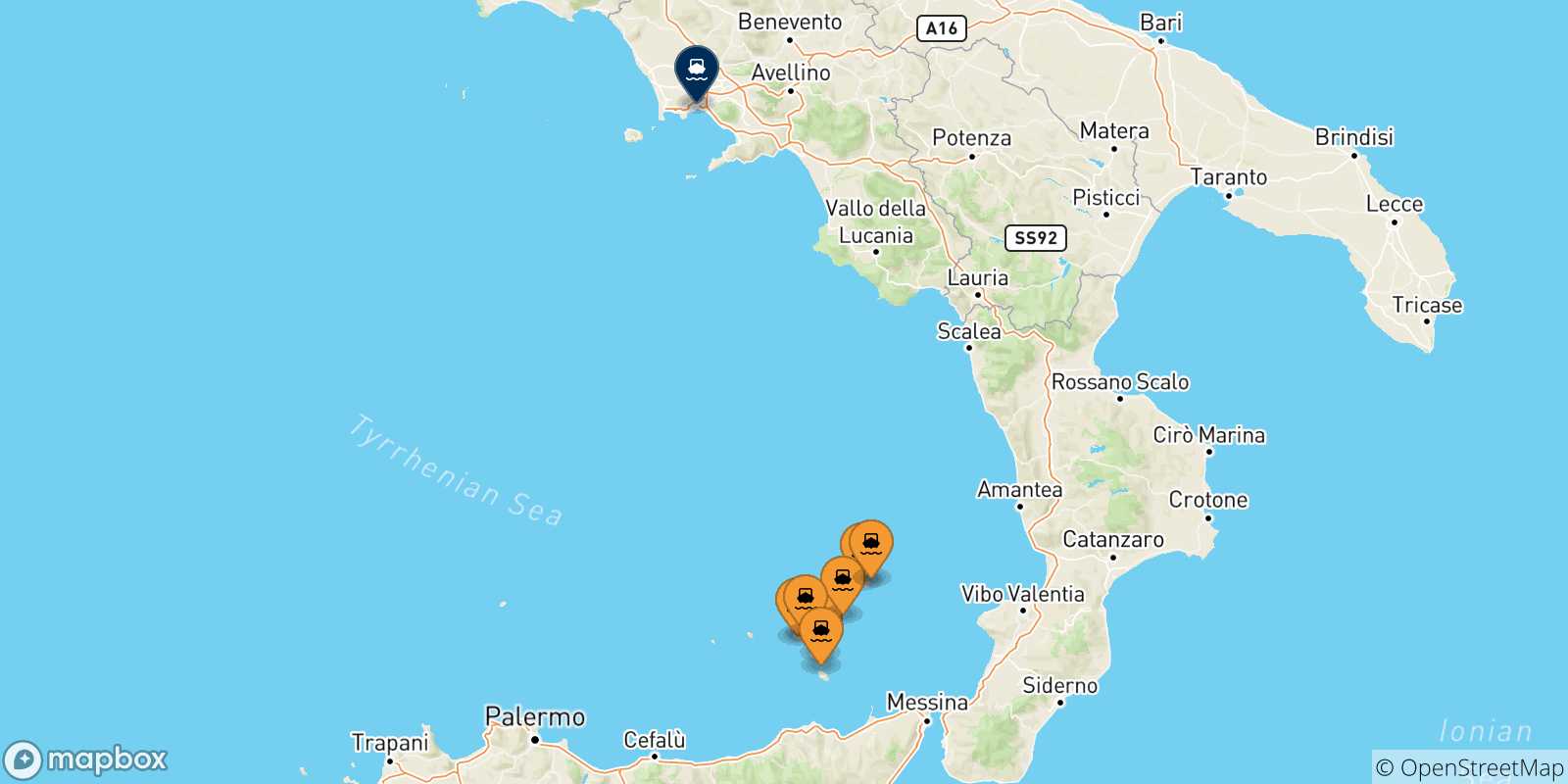 Mappa delle possibili rotte tra le Isole Eolie e Napoli
