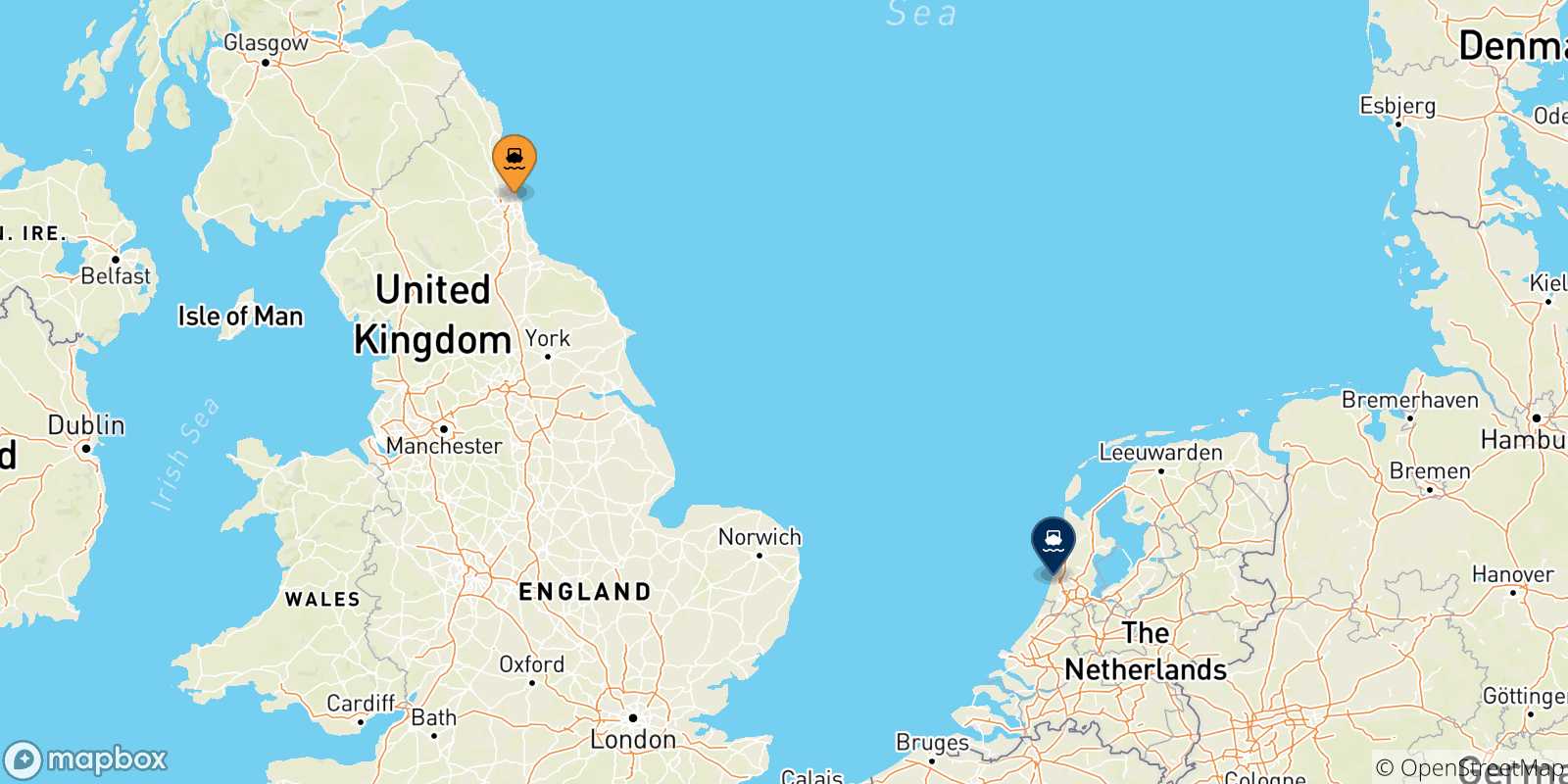 Mappa delle possibili rotte tra Newcastle e l'Olanda