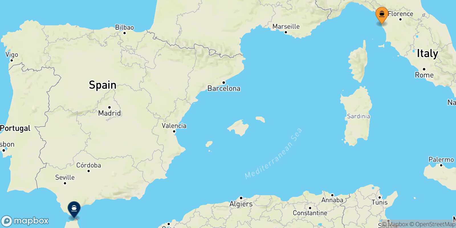 Mappa della rotta Livorno Tangeri Med