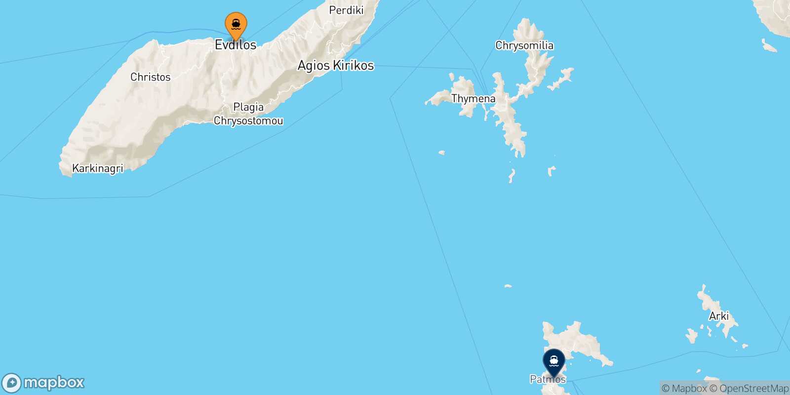 Mappa della rotta Agios Kirikos (Ikaria) Patmos