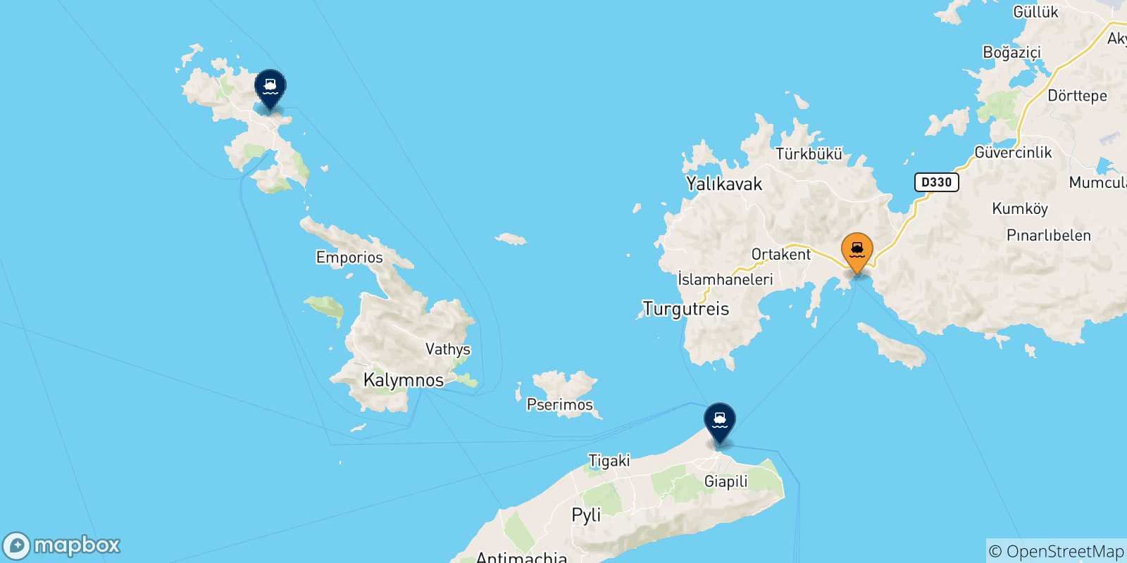 Mappa delle possibili rotte tra Turgutreis e le Isole Dodecaneso