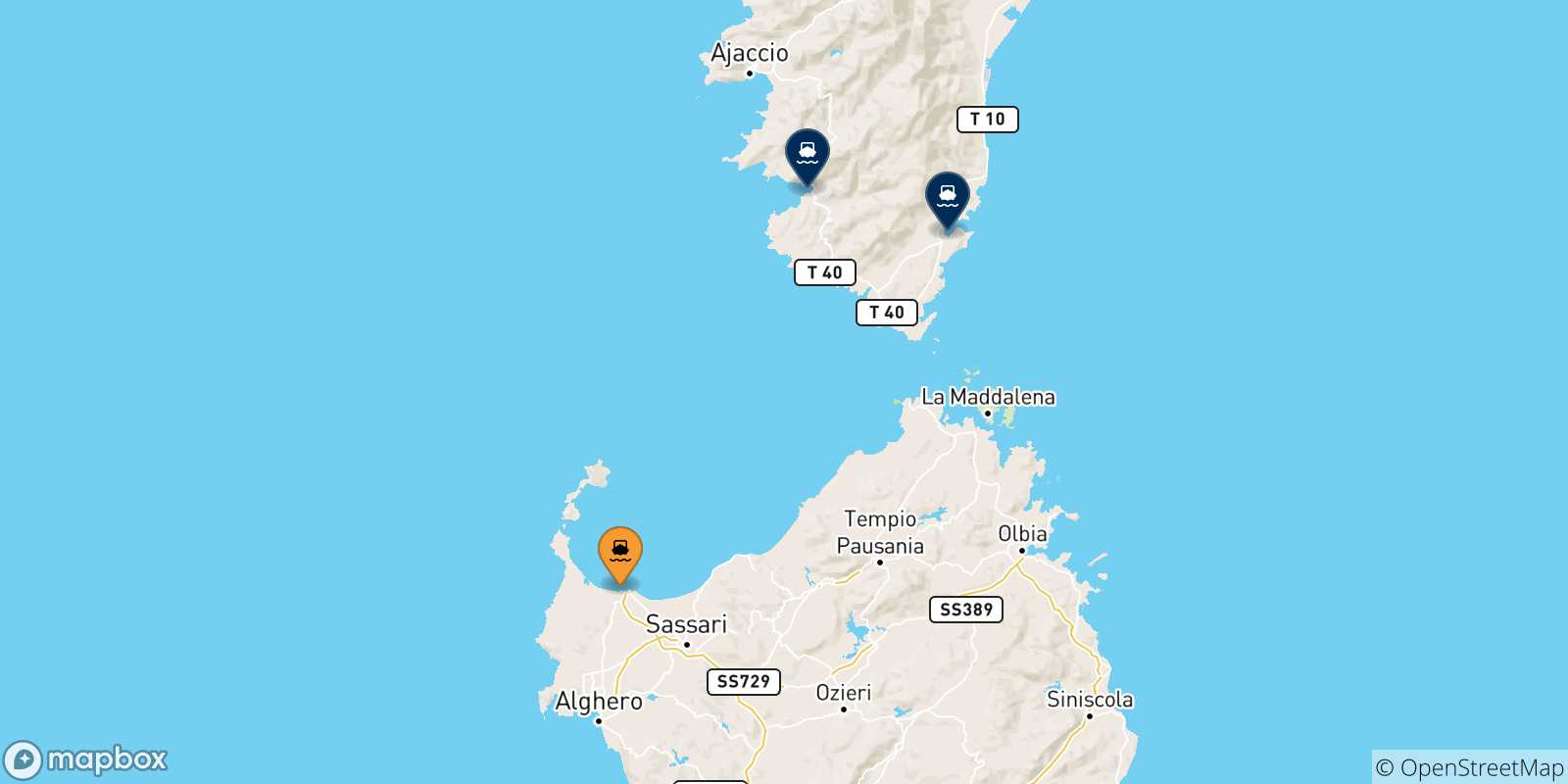 Mappa delle possibili rotte tra Porto Torres e la Corsica