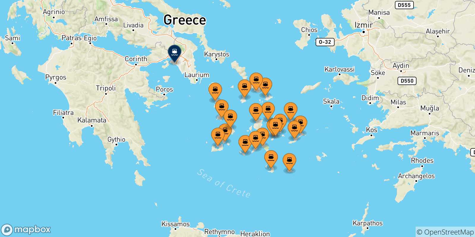 Mappa delle possibili rotte tra le Isole Cicladi e Pireo