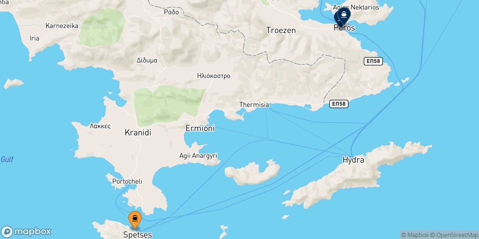 Mappa delle destinazioni raggiungibili da Spetses