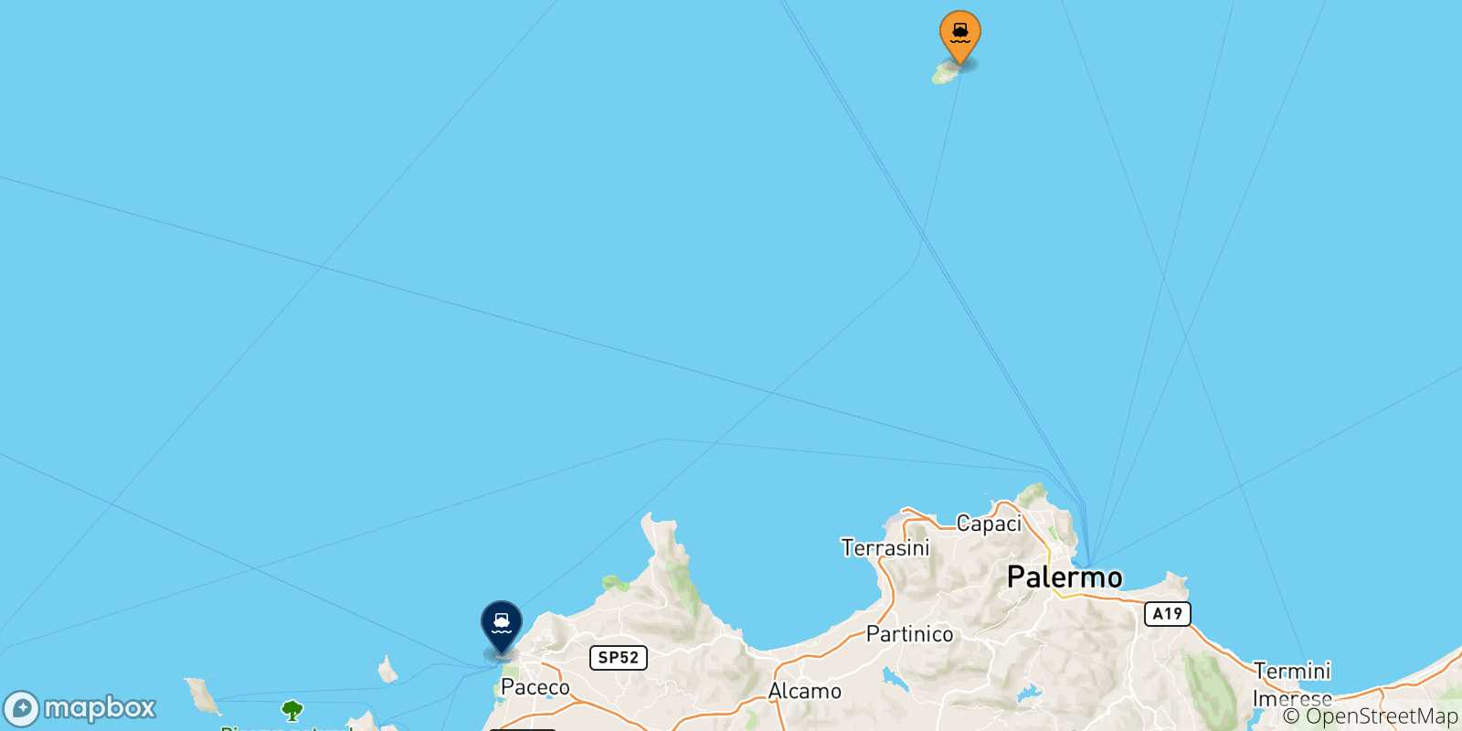 Mappa delle possibili rotte tra l'Isola Di Ustica e Trapani
