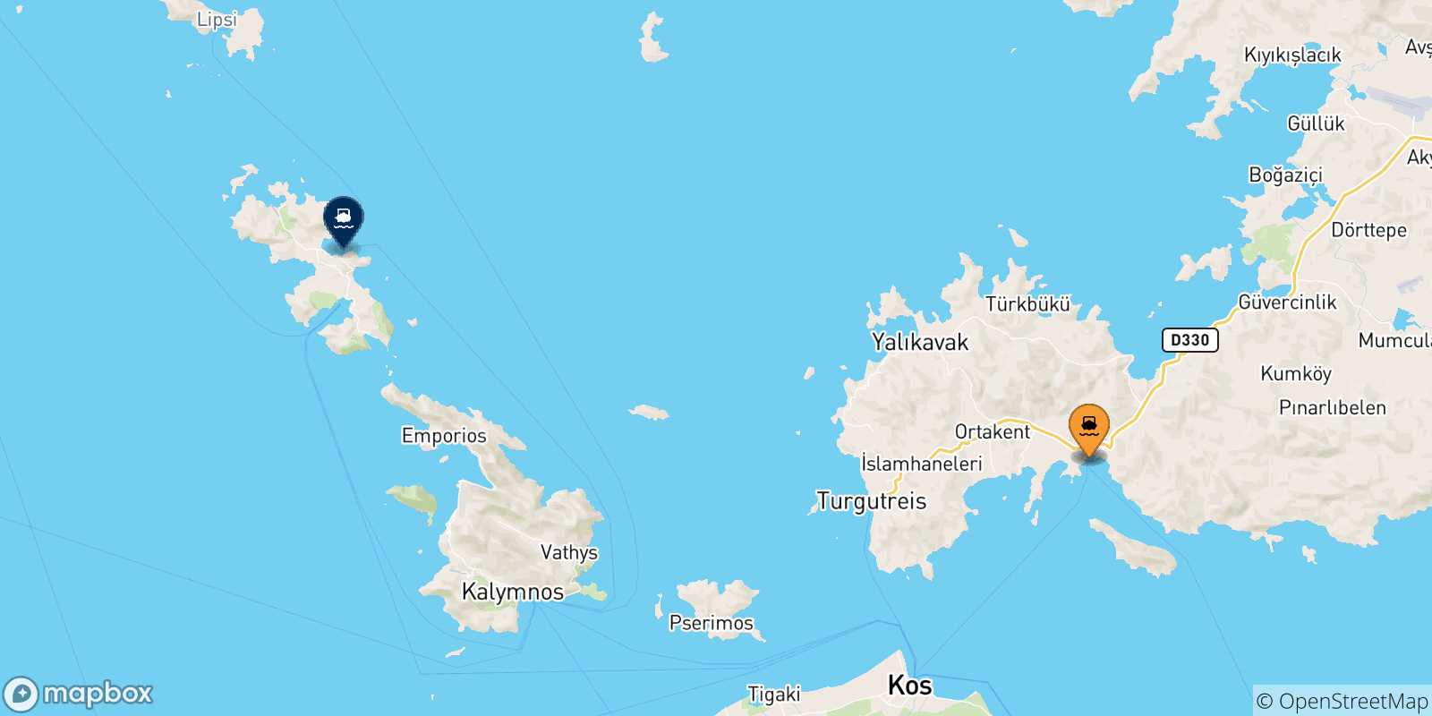 Mappa delle possibili rotte tra la Turchia e Leros