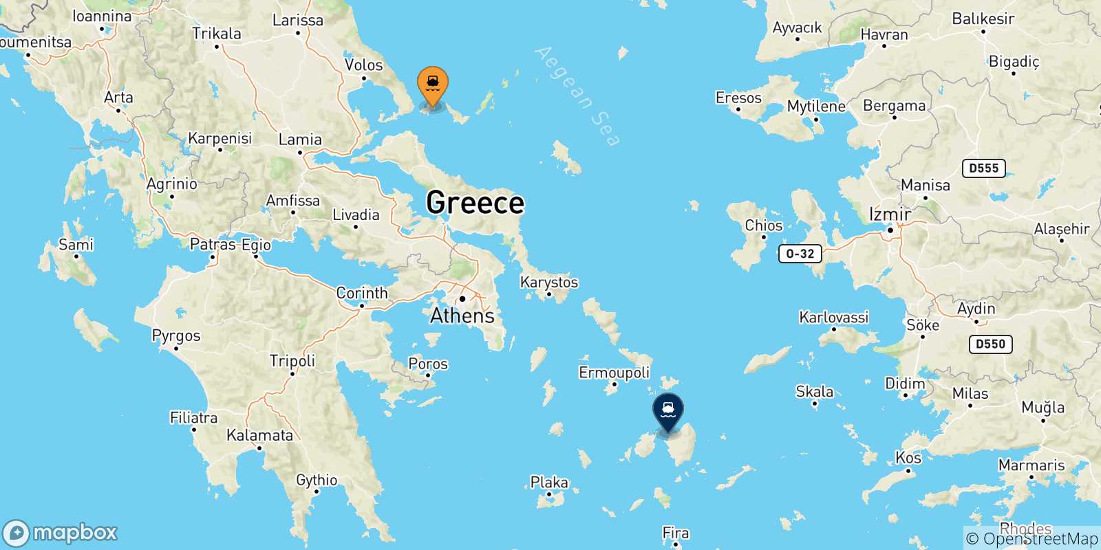 Mappa delle possibili rotte tra le Isole Sporadi e Naxos