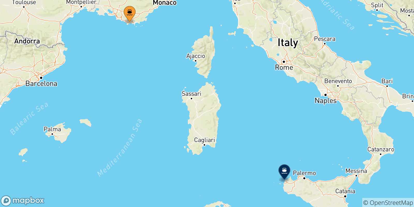 Mappa delle possibili rotte tra Tolone e la Sicilia
