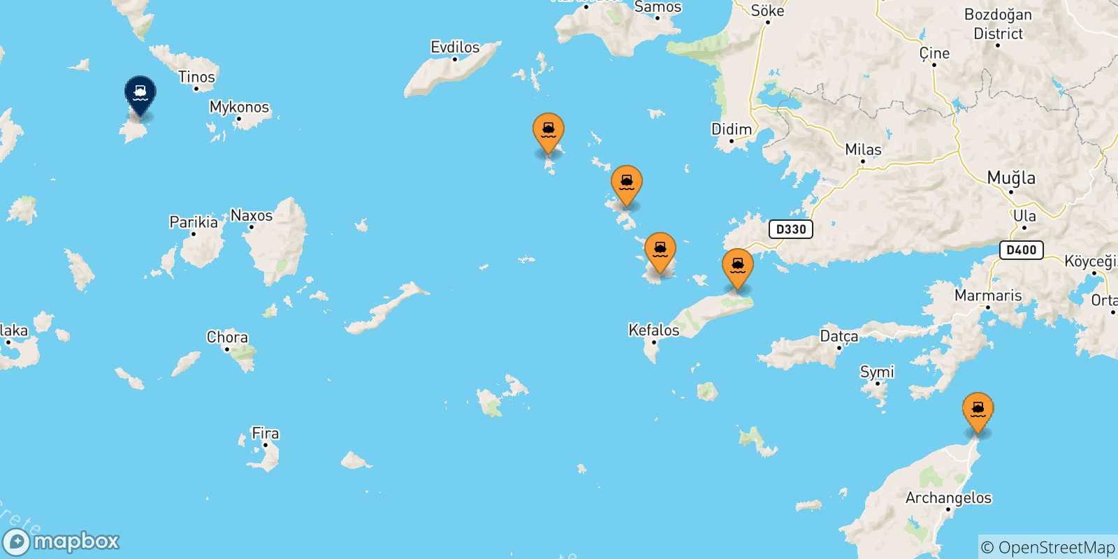 Mappa delle possibili rotte tra le Isole Dodecaneso e Syros