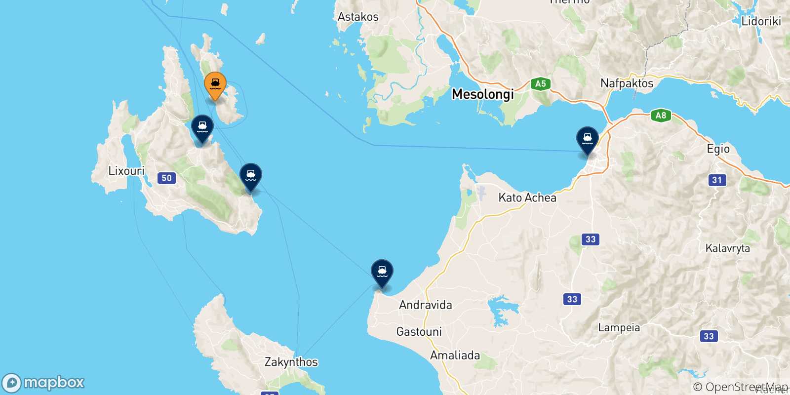 Mappa delle possibili rotte tra Pisaetos (Itaca) e la Grecia