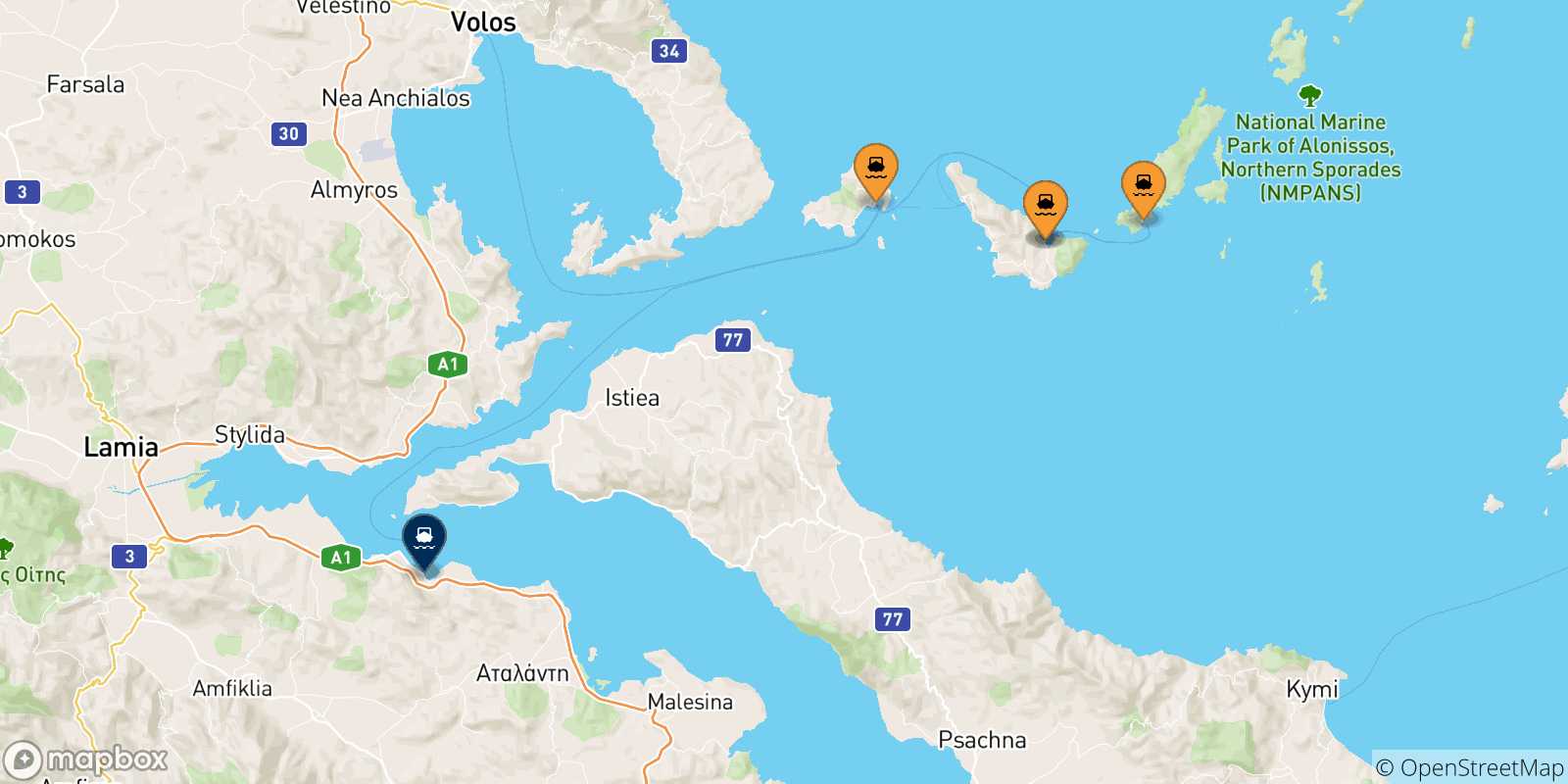 Mappa delle possibili rotte tra le Isole Sporadi e Agios Konstantinos