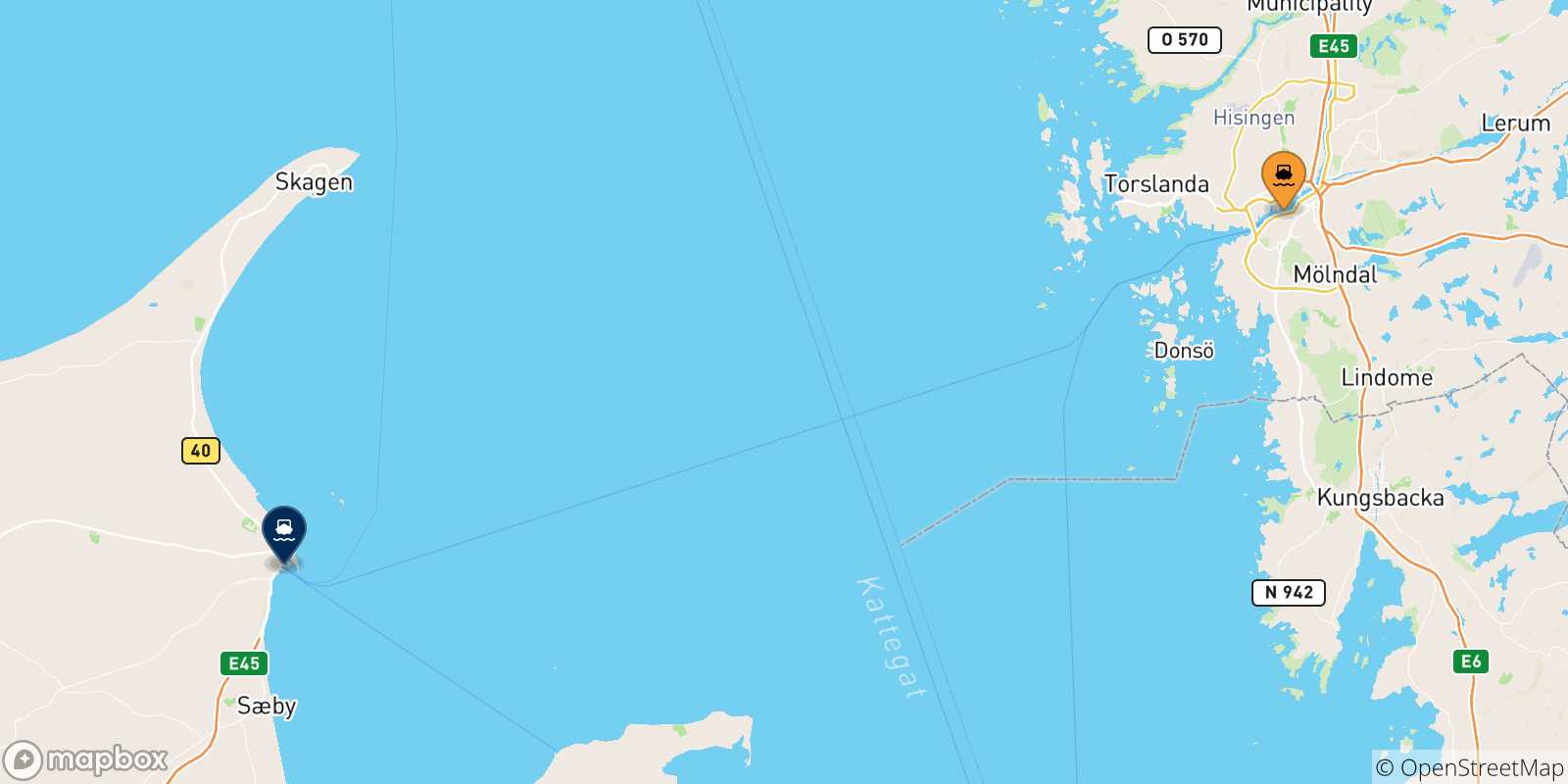 Mappa delle possibili rotte tra la Svezia e Frederikshavn