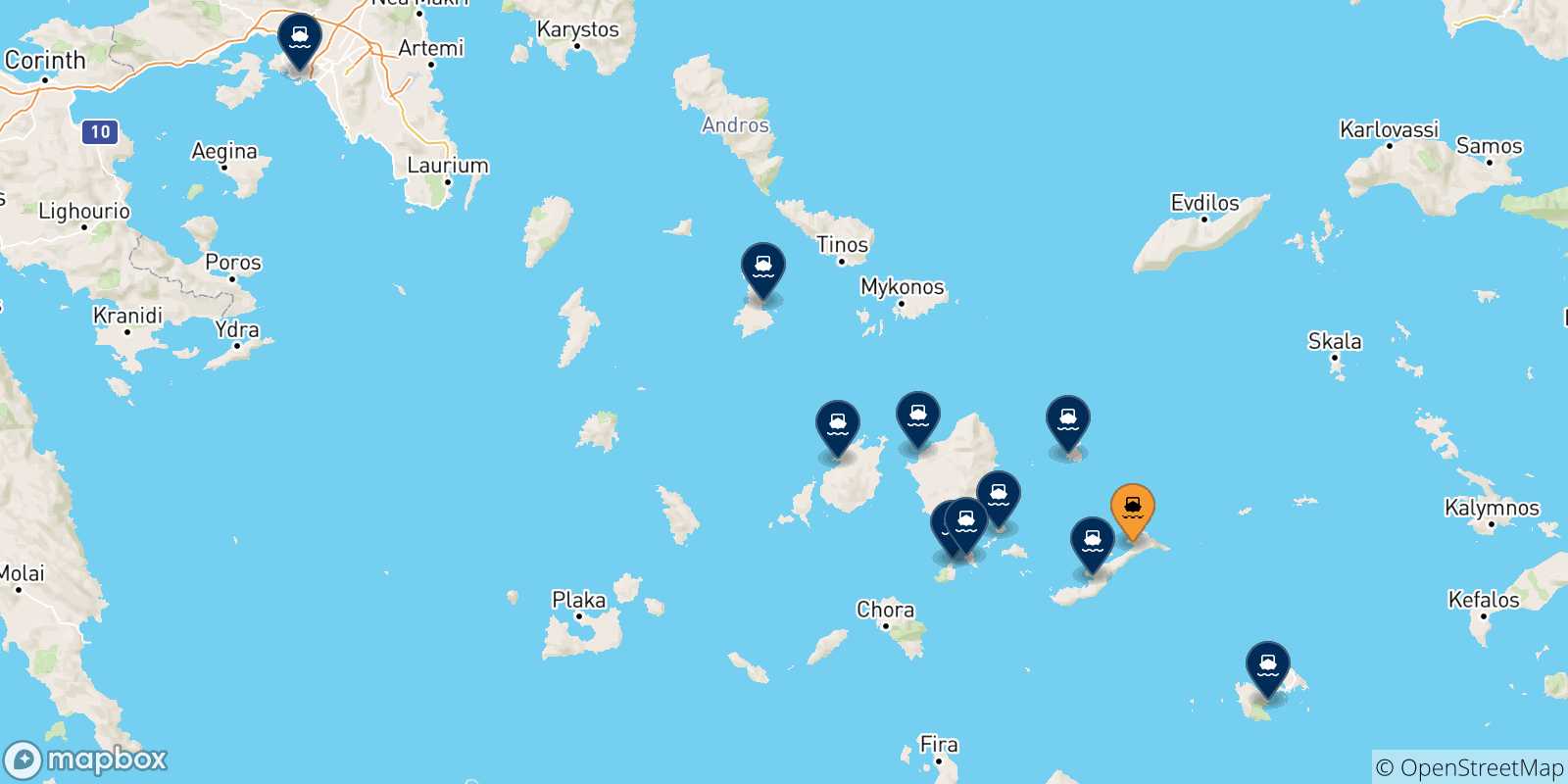 Mappa delle possibili rotte tra Aegiali (Amorgos) e la Grecia