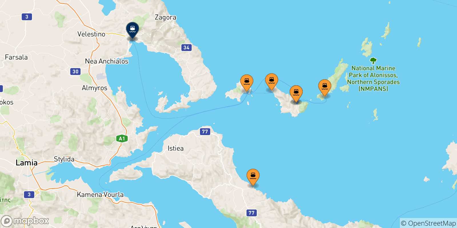 Mappa delle possibili rotte tra la Grecia e Volos