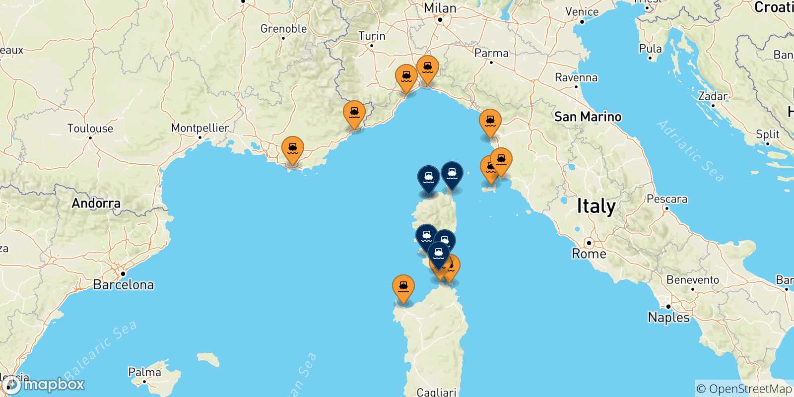 Mappa dei porti collegati con la Corsica