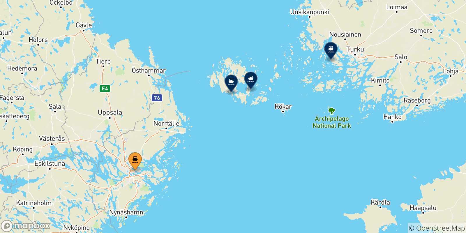 Mappa delle possibili rotte tra Stoccolma e la Finlandia