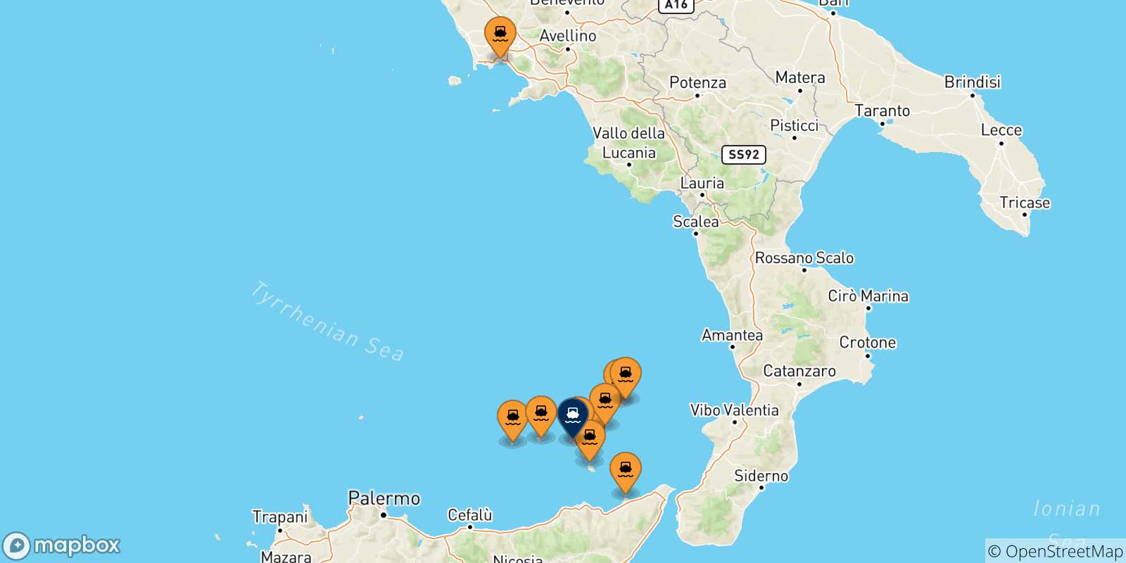 Mappa delle possibili rotte tra l'Italia e Rinella (Salina)