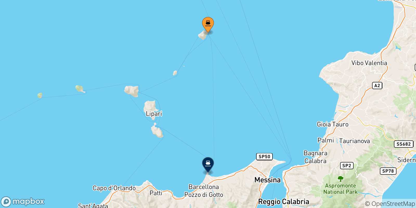 Mappa delle possibili rotte tra Stromboli e la Sicilia