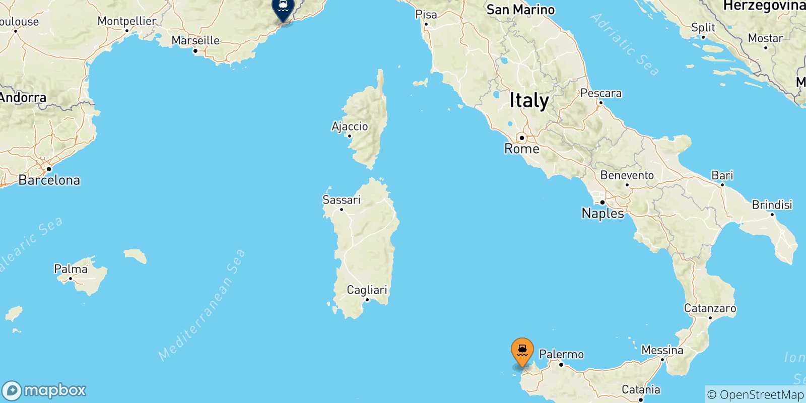 Mappa delle possibili rotte tra la Sicilia e Nizza