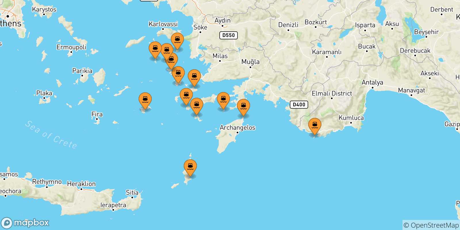 Mappa delle possibili rotte tra le Isole Dodecaneso e Symi