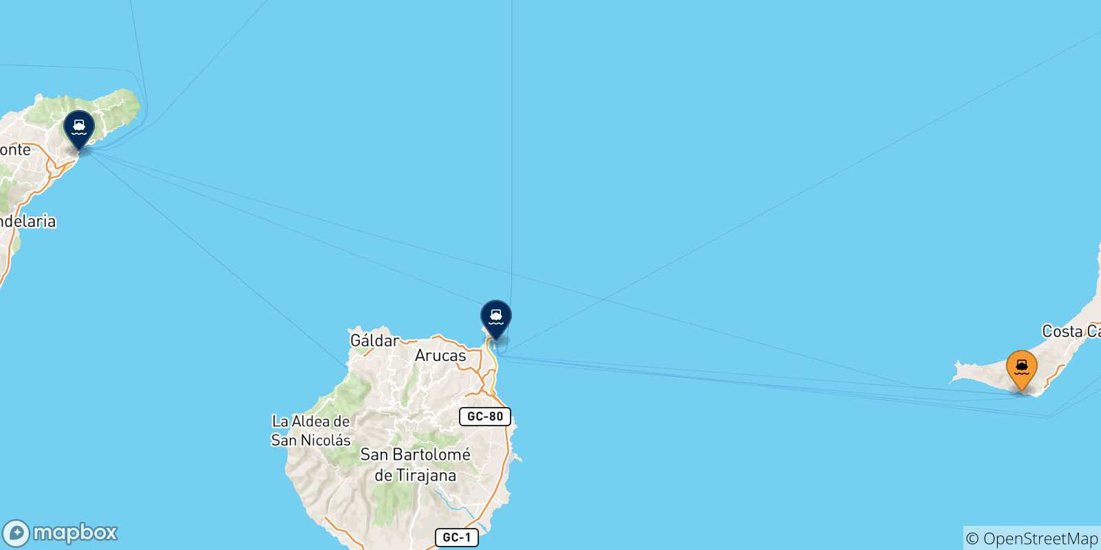 Mappa delle possibili rotte tra Morro Jable (Fuerteventura) e le Isole Canarie