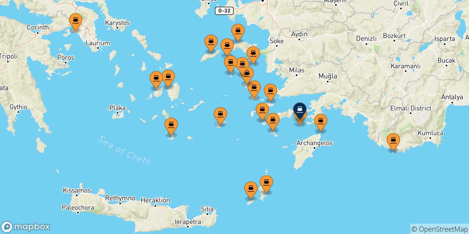 Mappa delle possibili rotte tra la Grecia e Symi