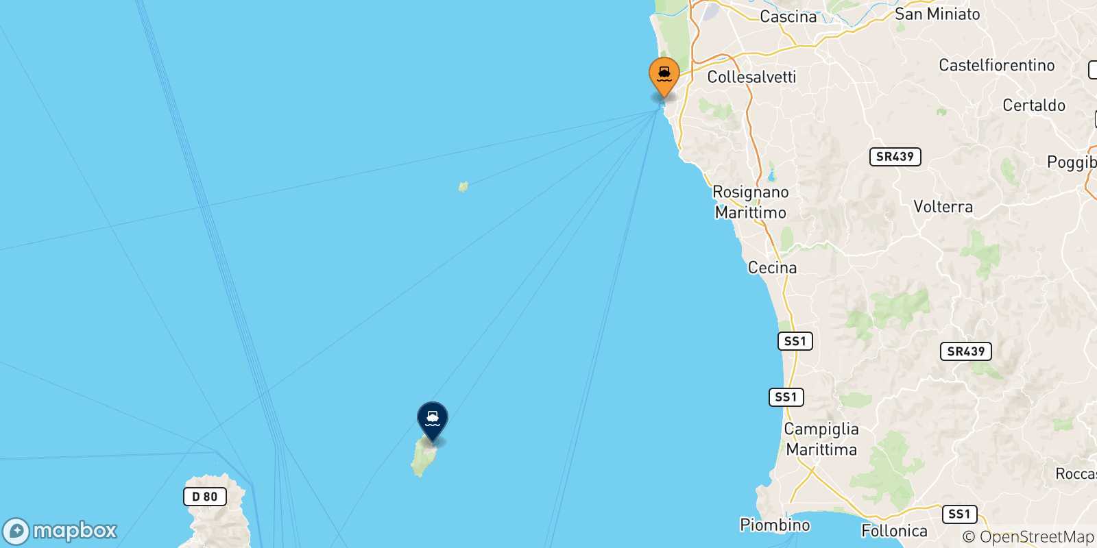 Mappa delle possibili rotte tra Livorno e l'Isola Di Capraia