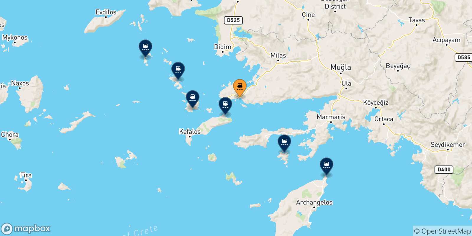 Mappa delle possibili rotte tra Bodrum e le Isole Dodecaneso